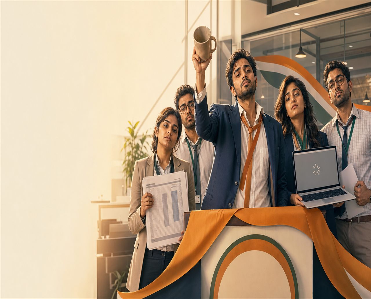 Illustration of tired corporate employees in a satirical office campaign